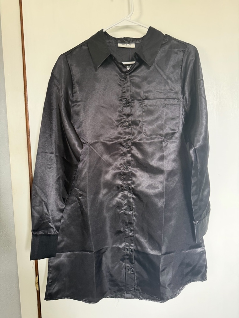 Black Satin Long Sleeve Shirt Dress with Spare Button